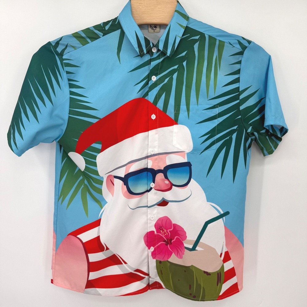 Hardaddy Button Up Shirt Mens M Blue Santa Tropical Hawaiian Short Sleeve